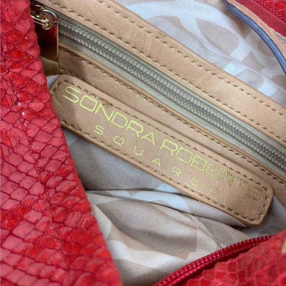 Sondra Roberts Squared Red Snakeskin Print Slouchy Shoulder Bag Tassel Hobo